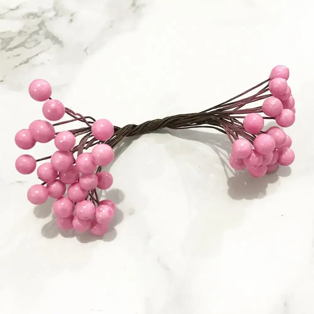 6/8/10/12/24/200pcs Pink Hybrid Flower Cherry Stamen Berries Bundle DIY Cake Christmas Wedding Gift Box Wreaths Decor