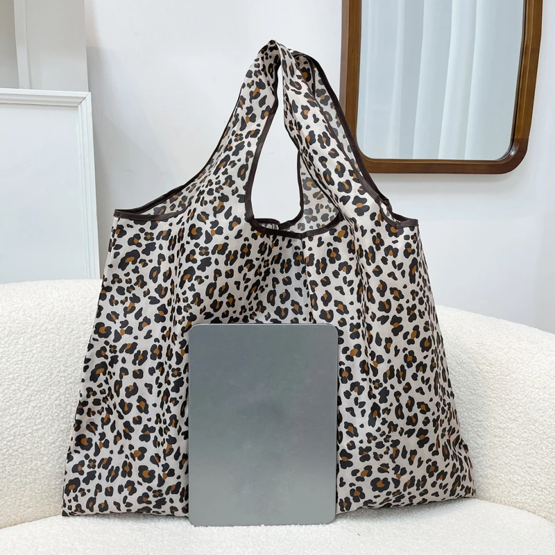 Leopard Folding Tote Shopping Bag Print Flower Supermarket Handbag Light Waterproof Vegetable Bag Travel Storage Bag Handbag