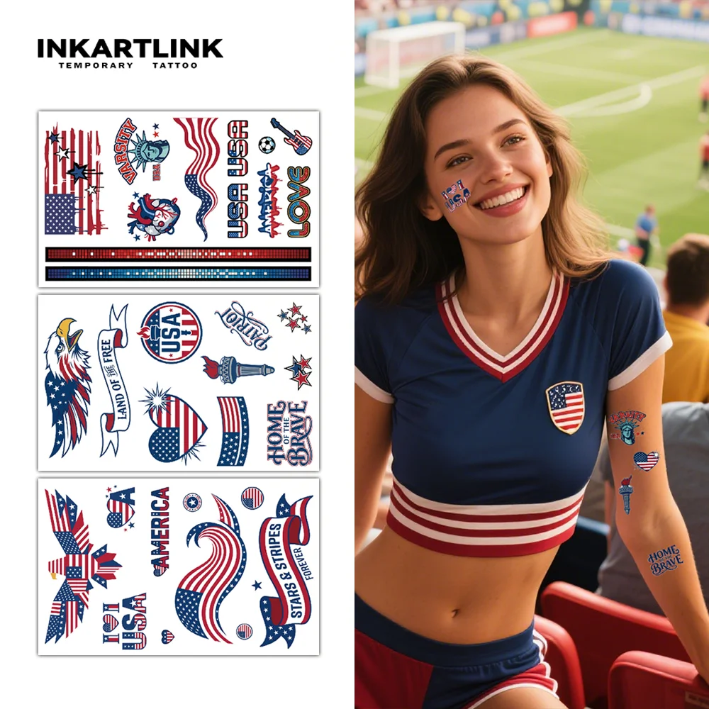 

INKARTLINK 1 Set of 3 PCS America Flag Series Temporary Waterproof Tattoo Stickers, Color Lasts 2-5 Days