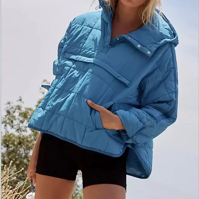 Parka de manga cheia com capuz feminino com bolsos, casaco solto, tops casuais grossos, elegante, emenda, quente, monocromática, outono, inverno