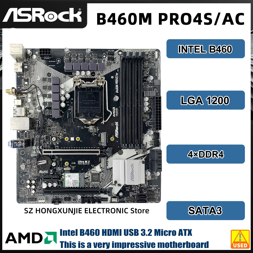 ASROCK B460M PRO4S/AC Intel B460 Motherboard Micro ATX Support CPU Intel i3 10100 i5 10400 i7 10900 Socket 1200 DDR4 M.2