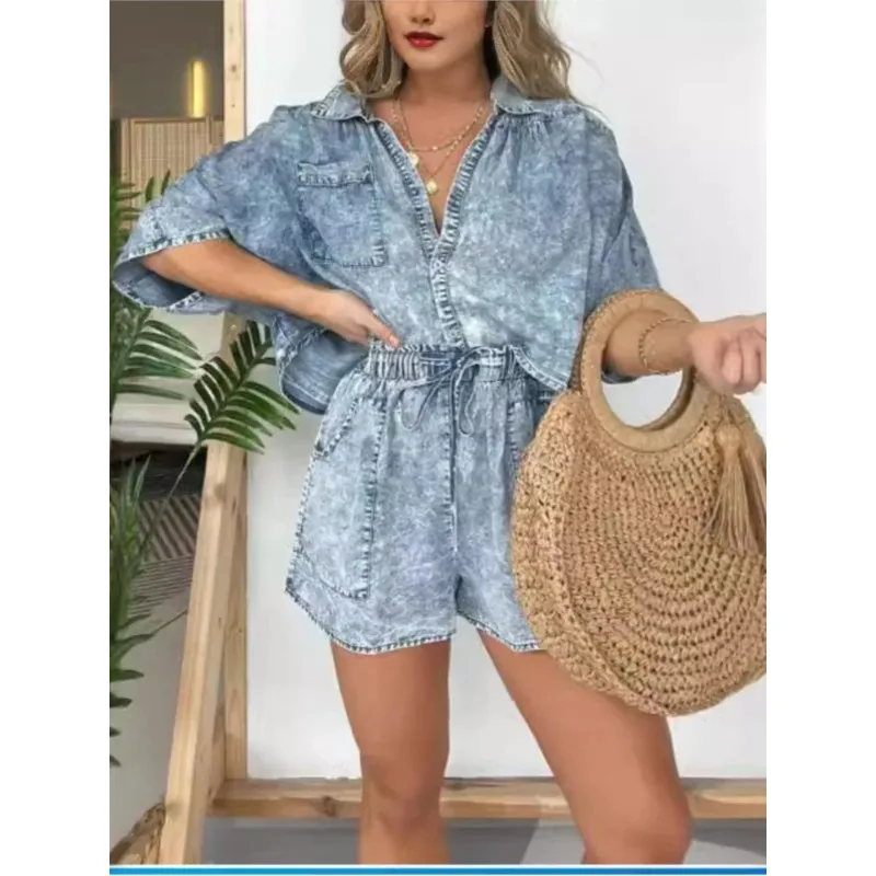 Fashion Vintage Denim Blue Shorts Suit For Women Summer New Simple Fashion Pocket String Casual Loose Tops 2 Piece Set Female