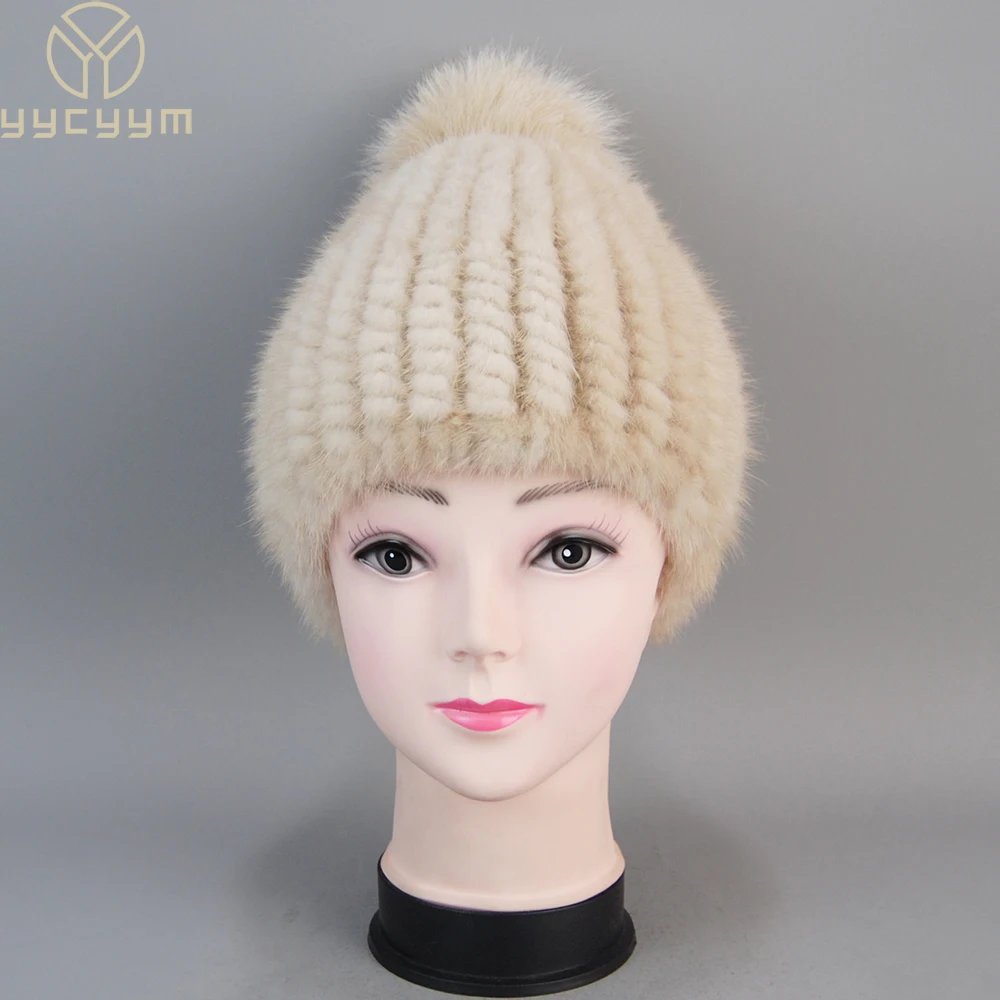 

2025 Hot Style Fashion Winter Warm Women's Knitting Caps Real Mink hats 8 Colors Available Pineapple Shaped Hat With Fox Pompom