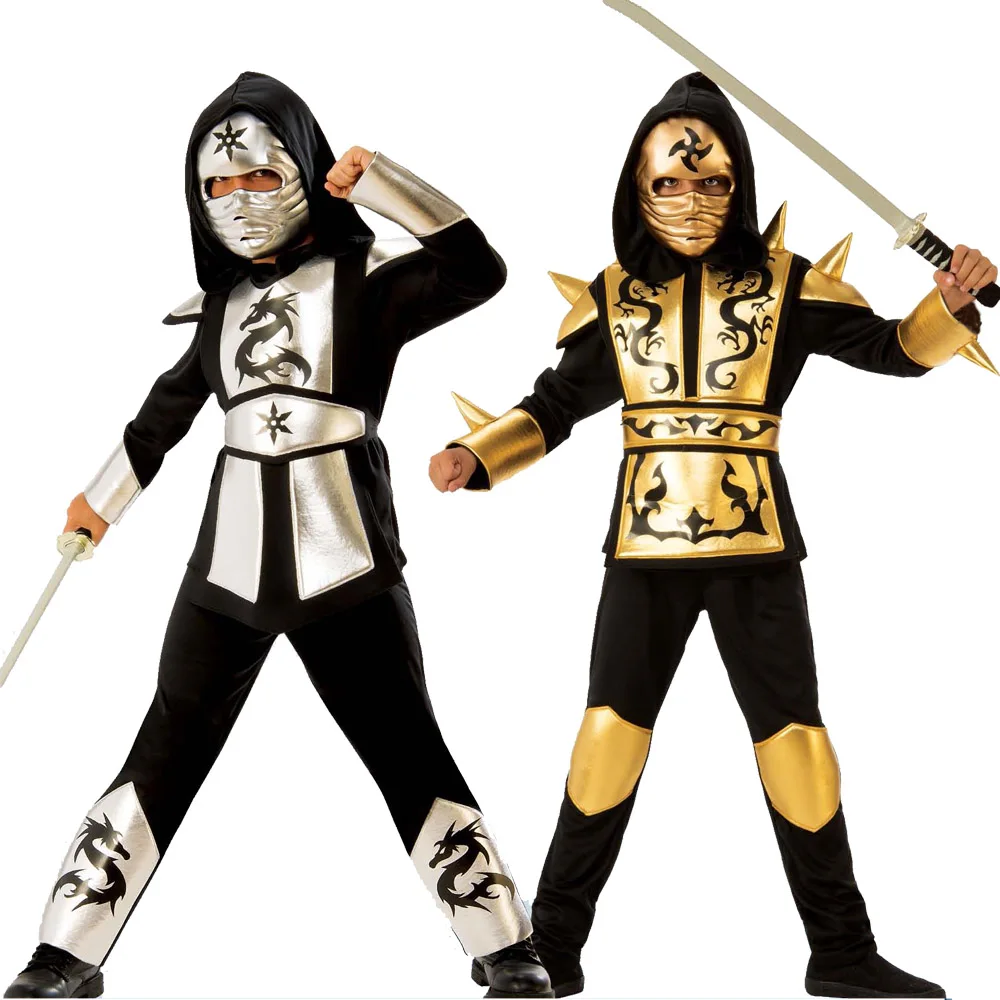 Ninja Costume Kids Gold Sliver Dragon Ninja Costume Hooded Shirt Pants Belt with Mask Carnival Costume