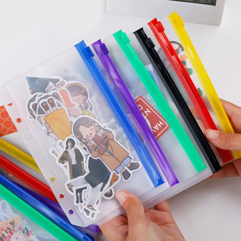 A5 A6 A7 6PCS Colorful Binder Zipper Folders For 6-Ring Notebook Binder Transparent Loose Leaf Document Filing Bags