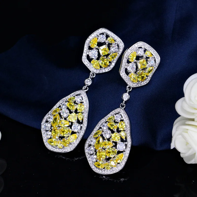 ThreeGraces High Quality Yellow Cubic Zirconia Silver Color Long Dangle Drop Earrings for Women Bridal Wedding Jewelry E1193