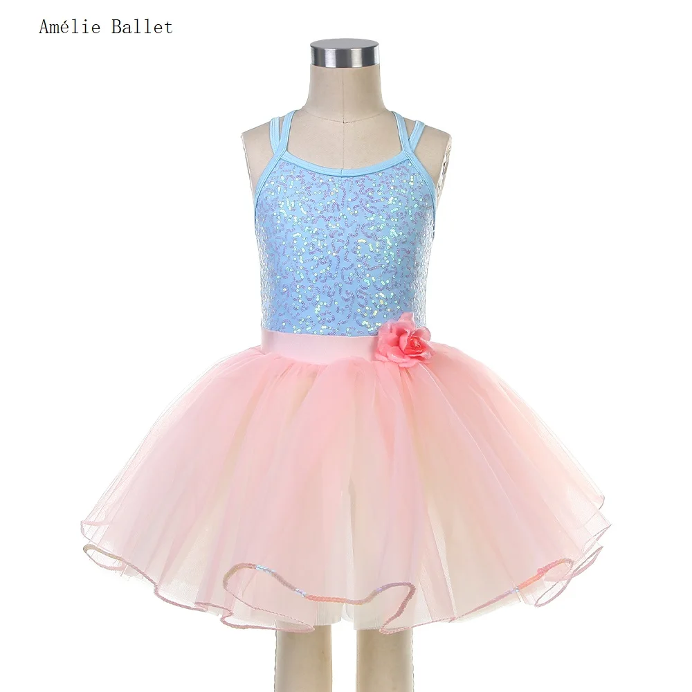 

25020 New Ballet Costumes Kids Ballet Costumes Sky Blue Stretch Sequin Top with Pink Tulle Tutu Skirts Kids' Cute Ballet Tutus