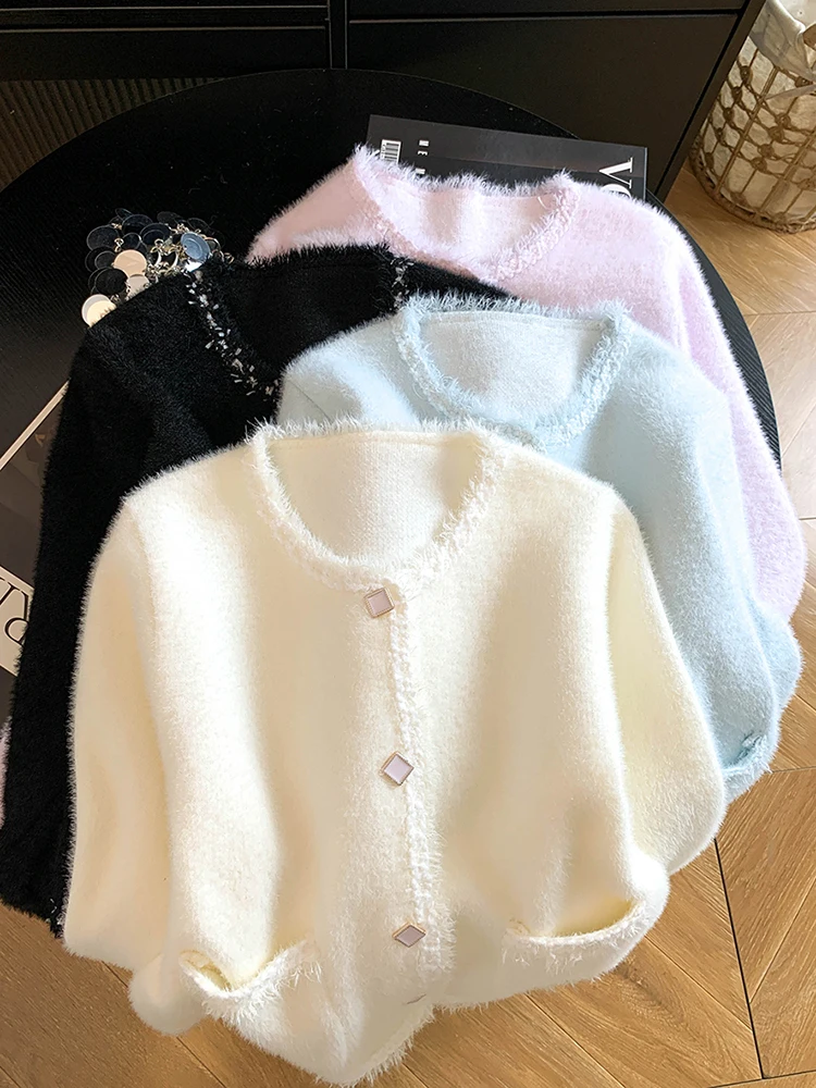 Fashion Sweet Cardigan Women Elegant Long Sleeve Faux Mink Cashmere Knitted Sweater Cute O Neck Pockets Fall Winter Tops Coat