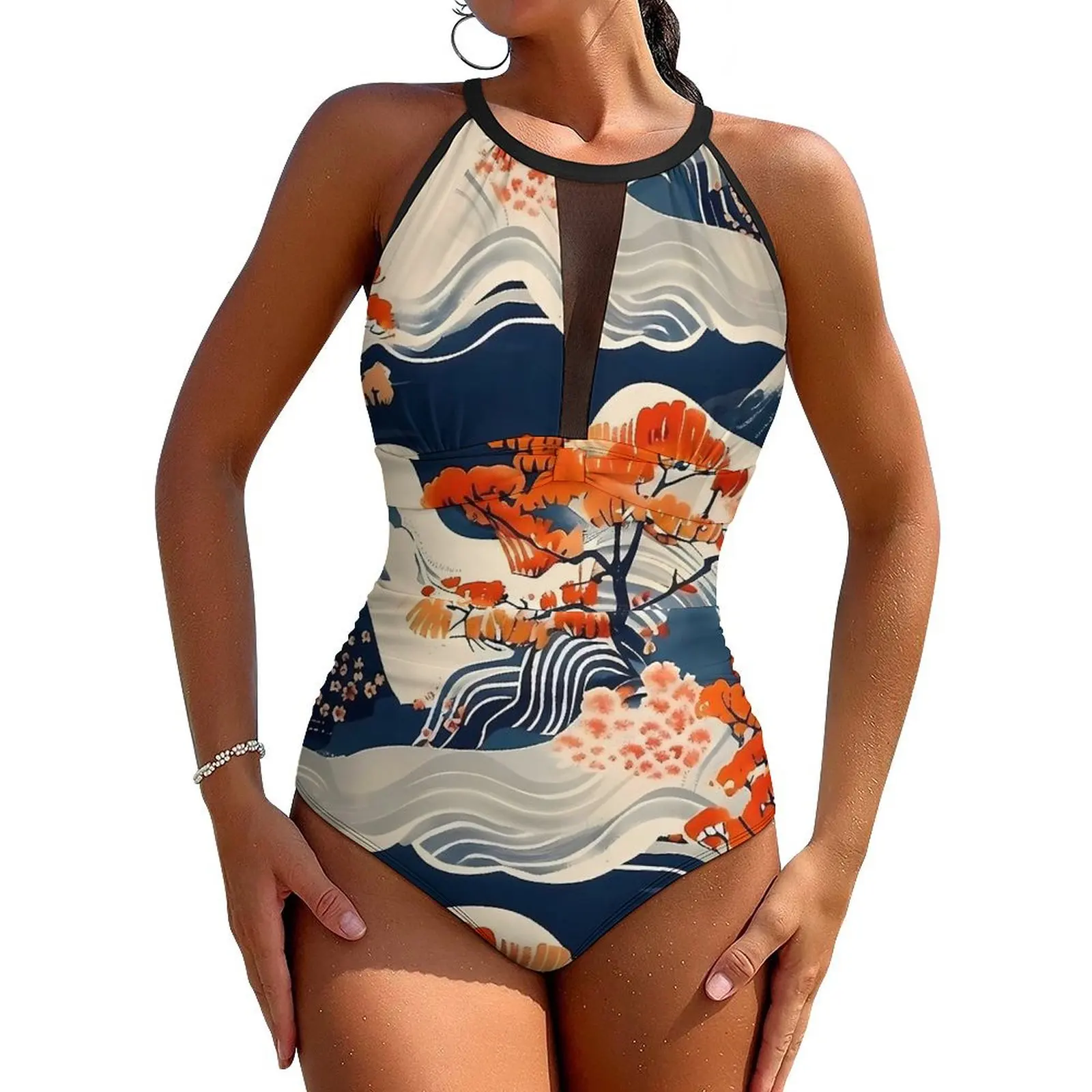 Retro Japanese Art Inspired Swimsuit Sexy  One-Piece Swimwear Push Up Bodysuit Fashion Holiday Surf Beach Wear