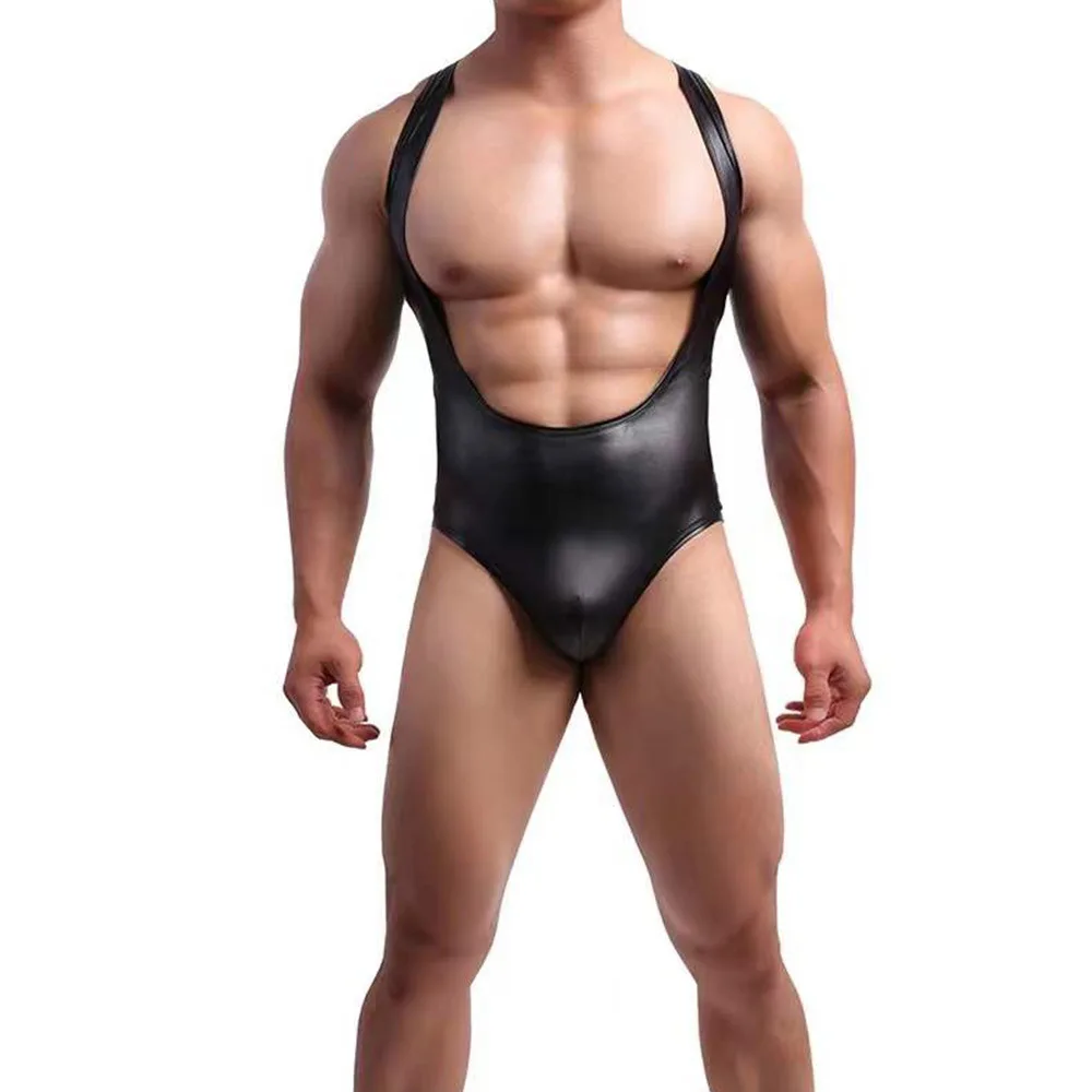 

Men Sexy Leotard Faux Leather Matte Black One Piece Swimsuit Slim Tight Corset Stretchy Stylish