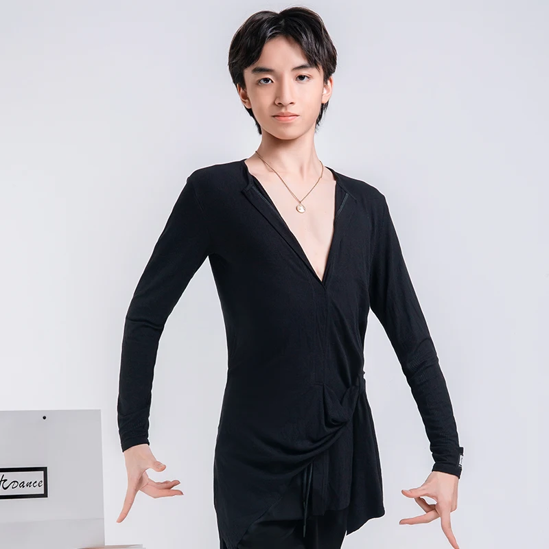 

2022 New V-Neck Latin Dance Tops For Boys Long Sleeved Loose Shirts Chacha Rumba Tango Latin Dance Wear Practice Clothes DN12550