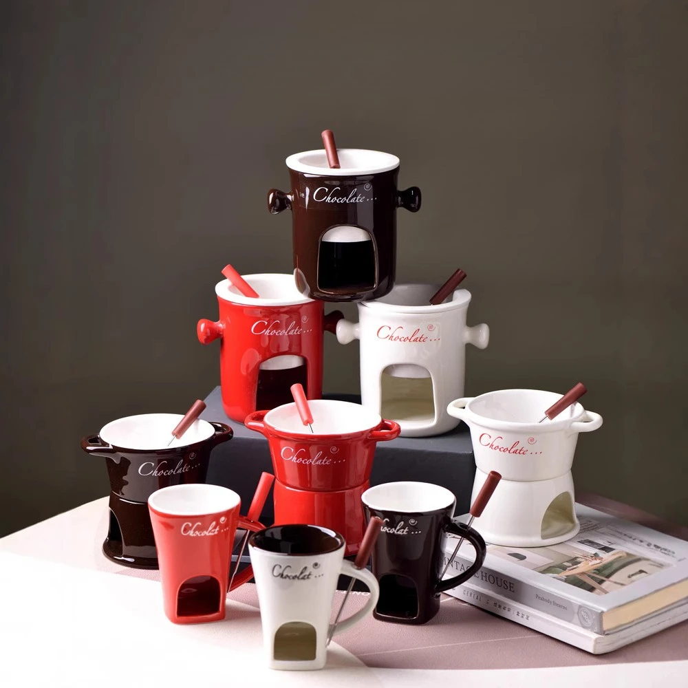 

Double Ear Ceramic Hot Pot Cup Chocolate Melting Pot Cheese Warmer Large Candle Soup Bowl