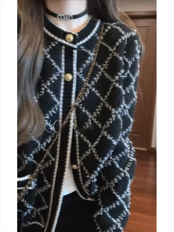 Bla geruite gebreide jas dames vroege lente Sle losse pasvorm zachte stof lange Sve button-up warmte verwarming ronde Ne-top