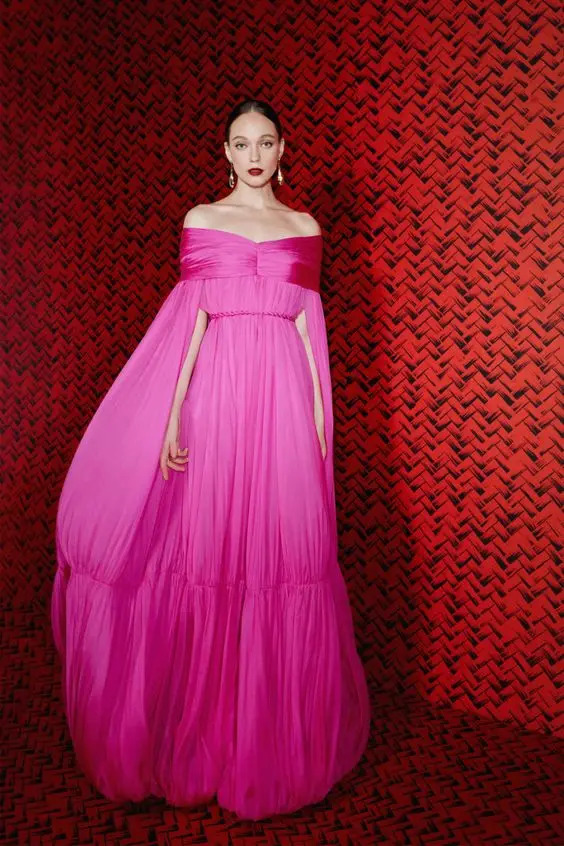 Elegant Fuchsia Long Evening Dresses 2023 Couture Off the Shoulder Hot Pink Prom Gown Cape Arabic Dubai Women Formal Party Dress