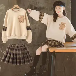2026 autumn spring Girls Clothes teenager bear hooded t shirt + plaid winter JK pleated skirt uniform 4 5 6 7 8 9 10 11 12 year