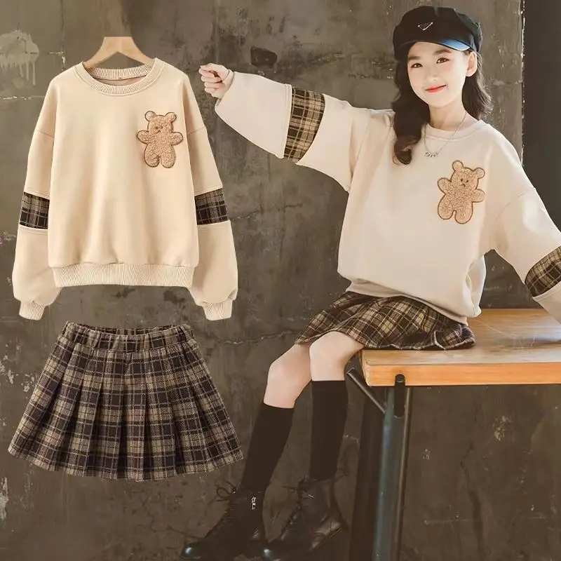 2026 autumn spring Girls Clothes teenager bear hooded t shirt + plaid winter JK pleated skirt uniform 4 5 6 7 8 9 10 11 12 year