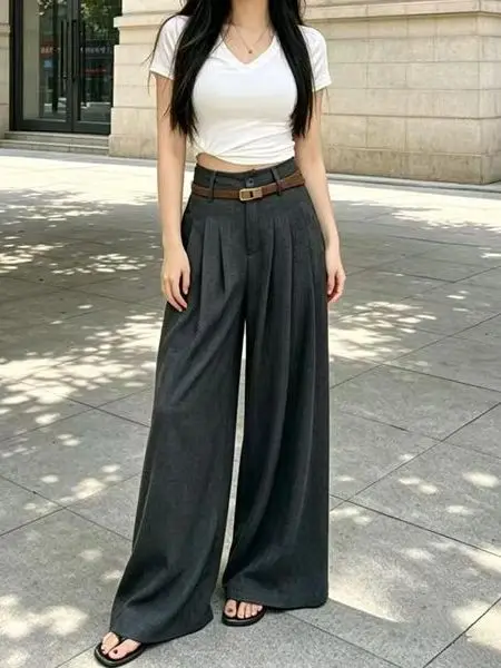 High Waist Wide Leg Casual Pants Loose Covering Hip Slimming Fashionable Korean Style Commute Wind High Waist Straight Leg Pants