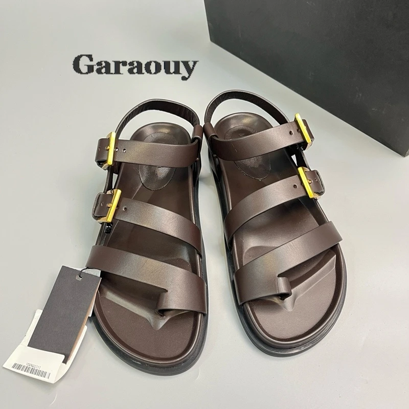 Garaouy Genuine Leather Roman Sandals Summer Outdoor Casual Open Toe Strap Buckle Back Strap Solid Color Fashion Women Sandals