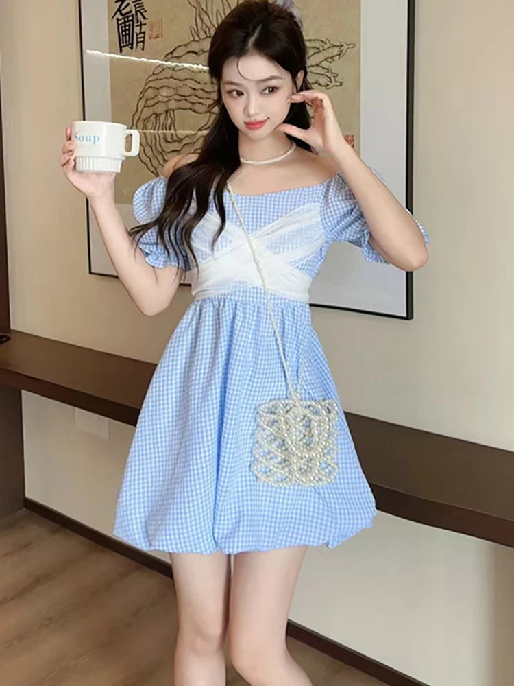 

2025 Blue Plaid Puff Sleeve Square Collar Mini Dress Women Chic Patchwork Mesh Casual Dress Summer Elegant Bodycon Kawaii Dress