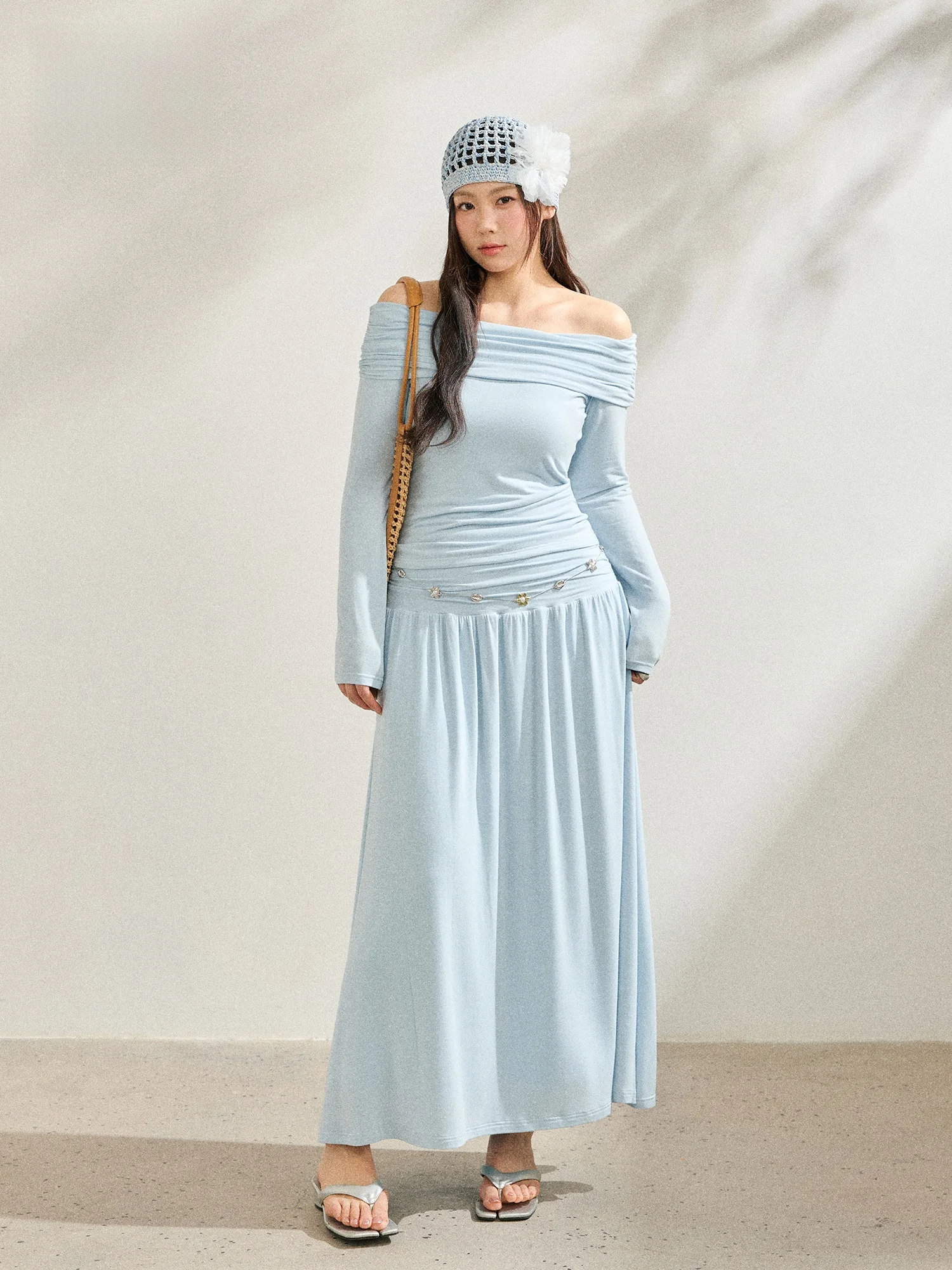 

plus Size Women's Slimming Long f-Sve Dr And Skirt Set in Light Blue High Waist A-Line Skirt One-oulder Design