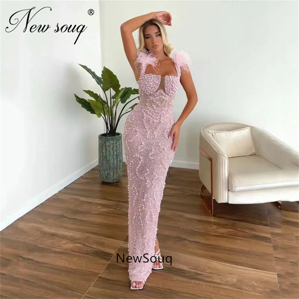 Vestido largo de noche con perlas rosas de sirena de Dubái, vestido de celebridad árabe con cuentas, vestidos de fiesta con tirantes finos para boda, el más nuevo