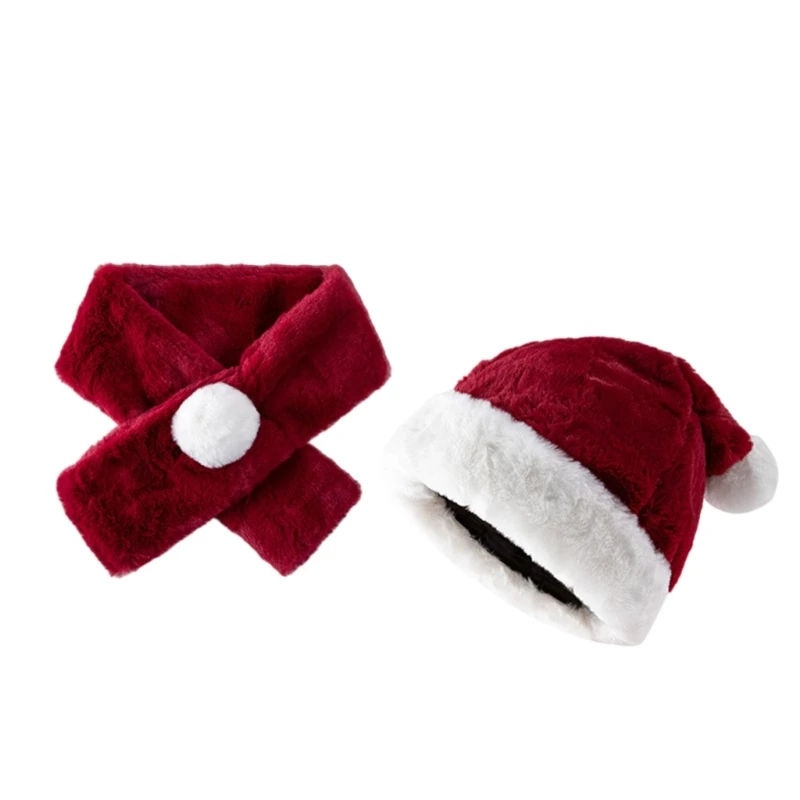 Warm Santa Hat Scarf Thicken Plush for Holiday Comfort Liner Christmas New Year Symbol Caps with White Brim