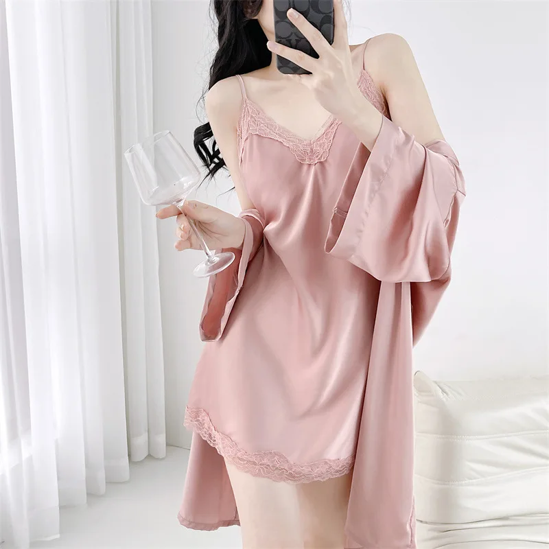 Sexy Bathrobe Nightgown Sleep Set Women Satin Kimono Robe Gown Suit Sleepwear Nightwear Lingerie With Breast Pads Loungewear