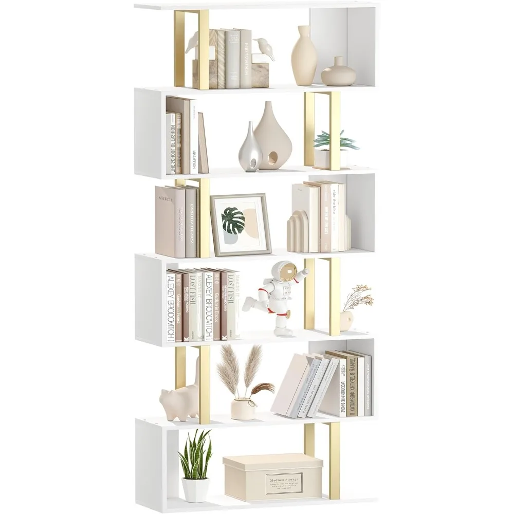 

Bookcase, S Shaped Bookshelf 6-Tier Book Shelves for Bedroom, Wood Decorative Display Shelf, Convenient Assembly, Bookshelves