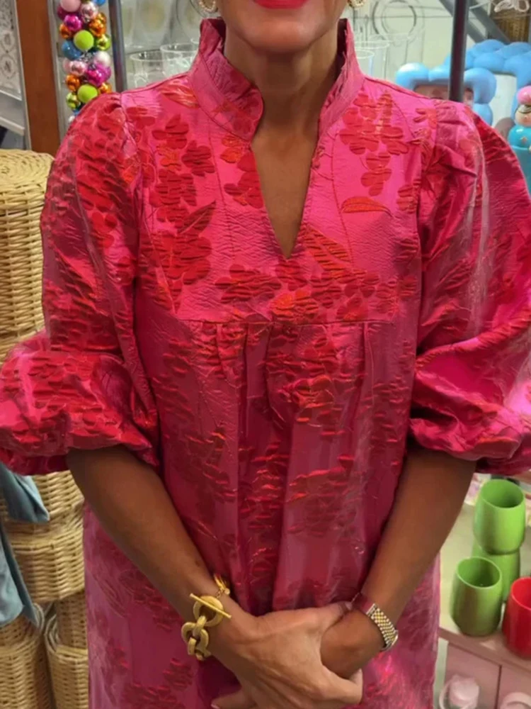 Elegant V-neck Jacquard Long Sleeve Dress Fashion Casual Loose Commute Robes Women Autumn New Side Split Pleated A-line Dresses