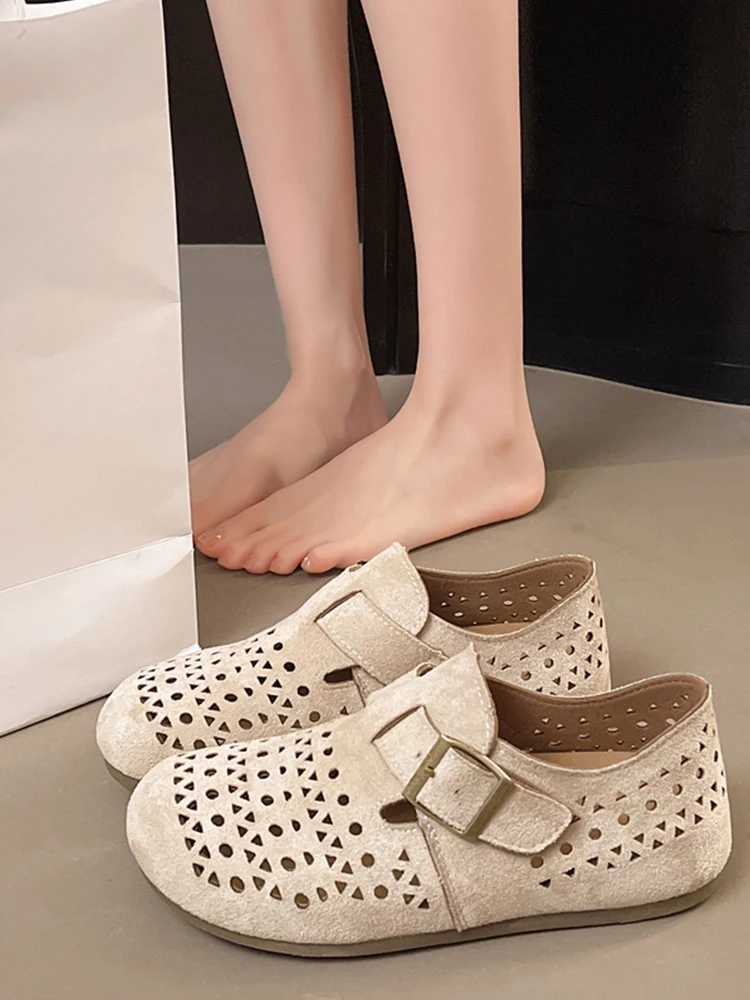 Women's Full Coverage Birkfoot Shoes Spring Summer Hollow out Flat Slip-On Bean Bean Shoes Increased Height Fashionable Casual