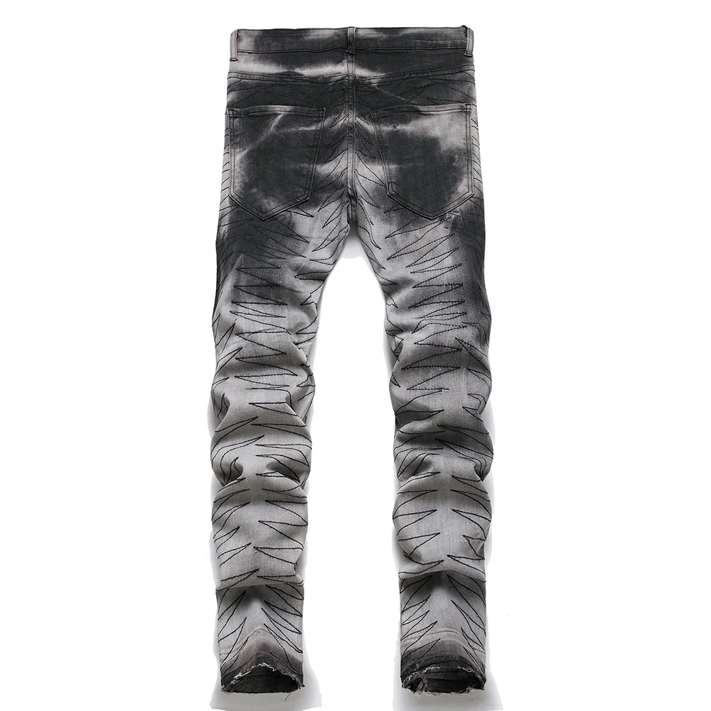 Men Release Hem Slim Tapered Jeans Gray Black Stretch Denim Pants Embroidery Fringe Patch Ripped Tie Dye Trousers