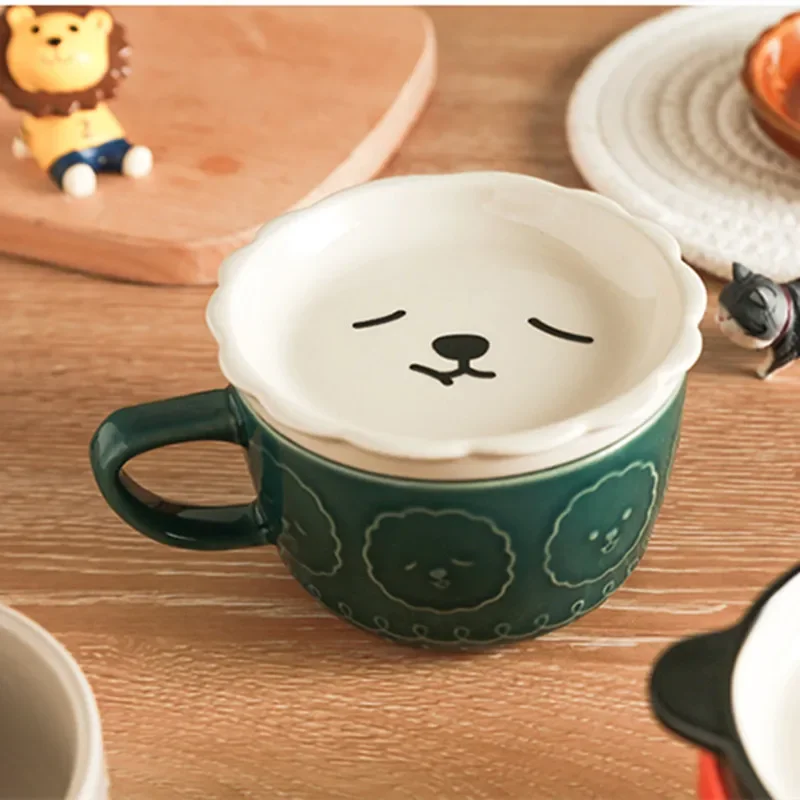 Japanese style ceramic cartoon animal mug cute home breakfast cup office coffee cup with lid couple water cup