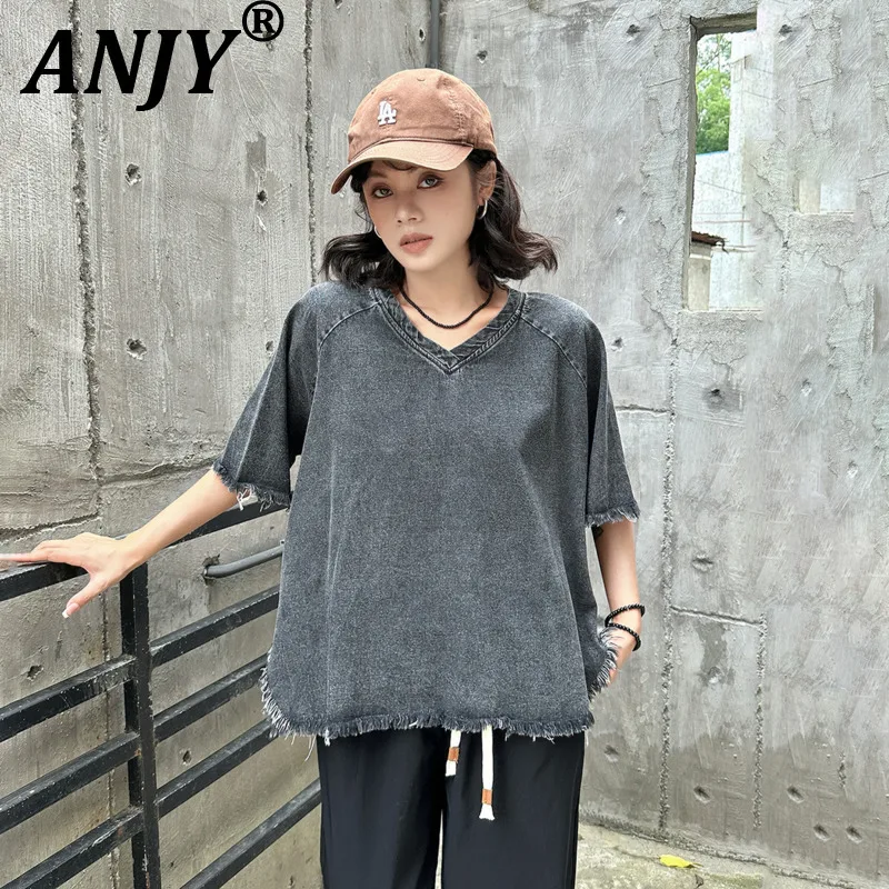 

ANJY Summer New Women Stylish Casual Frayed Irregular Hem Short Sleeve T-shirt Trendy Ins V-Neck Vintage Washed Loose Top A21851