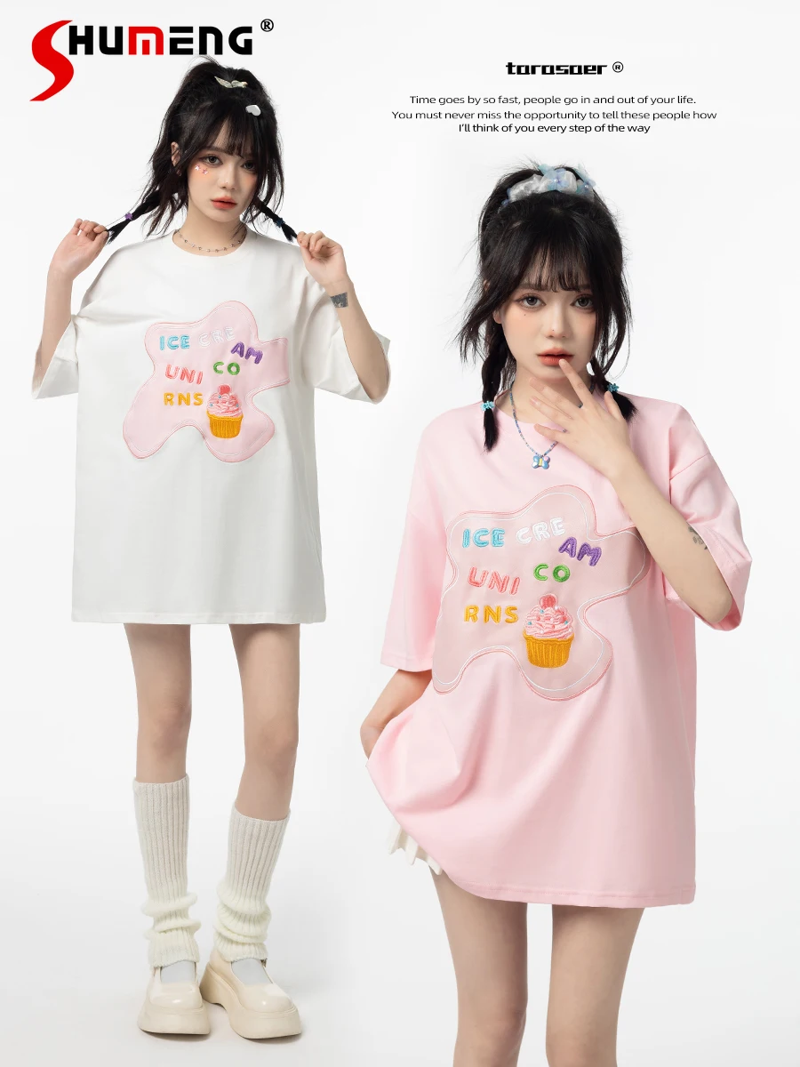 

Japanese Preppy Style Sweet Cool Girl Y2K Tops Letter Embroidery Round Neck Short Sleeve Loose Casual Cotton T-shirt Tees Women