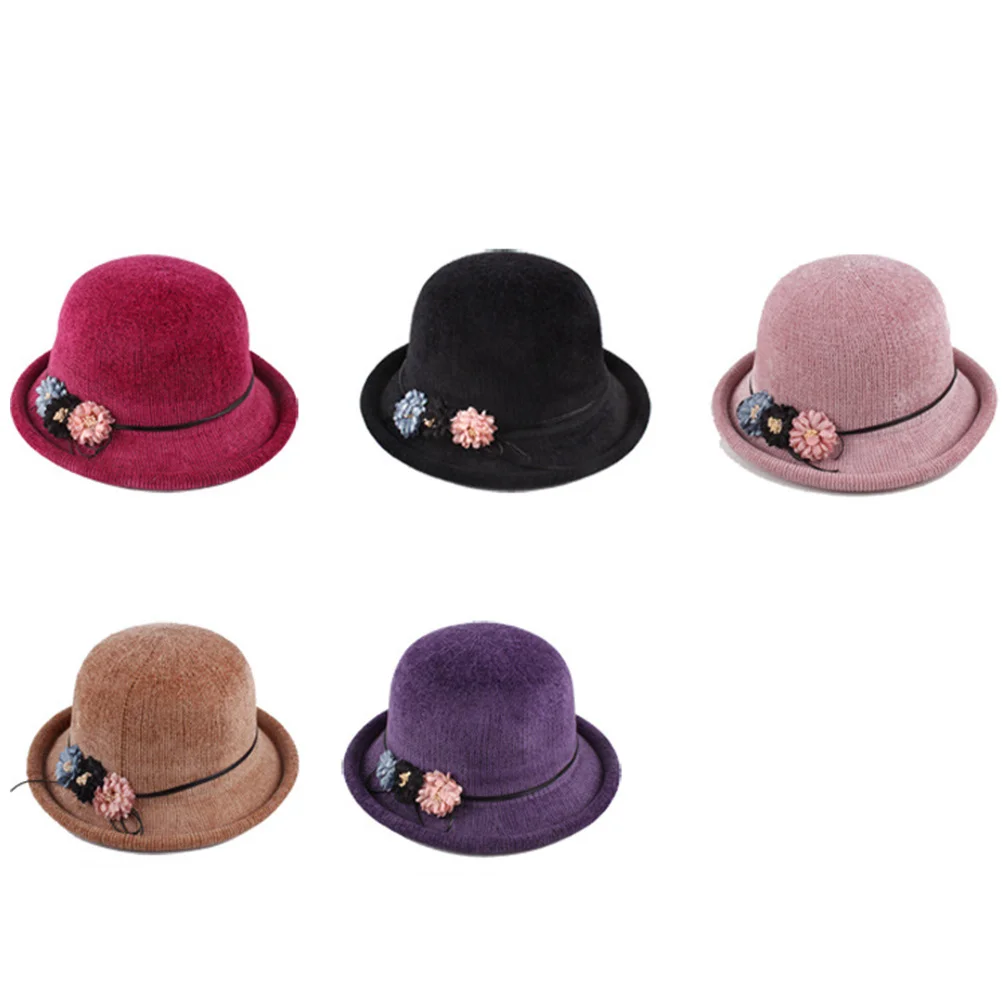 

Winter Knitted Woolen Yarn Hat Brown Curled Brim Dome Sun Hat for Middle-Aged Women Outdoor Beach Bowler Fashion Travel