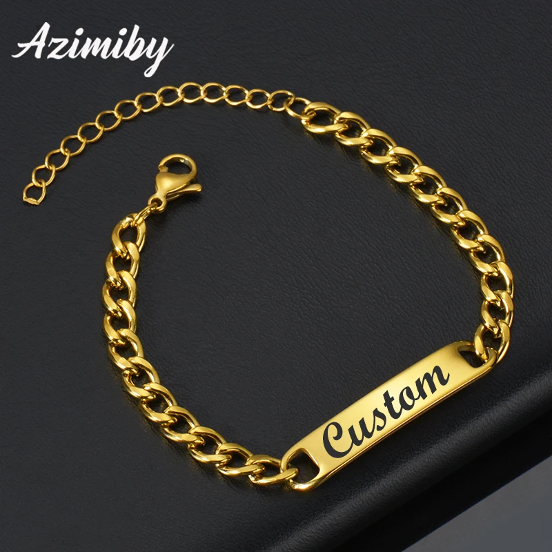 

Azimiby Custom Punk Bar Man Bracelets Gold Color Stainless Steel Engrave Name Thick Chain Couple Men Women Bracelet Jewelry Gift