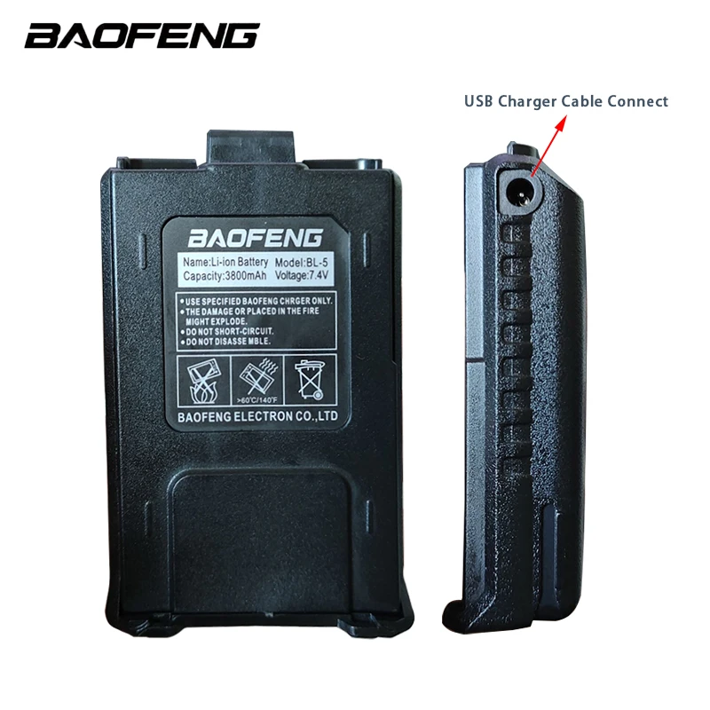 BAOFENG UV-5R Walperforated Talkie Épaissir Batterie 3800mAh Suport USB Câble De Charge Compatible Avec UV-5RA UV5RT BF-F8 + Radio Bidirectionnelle