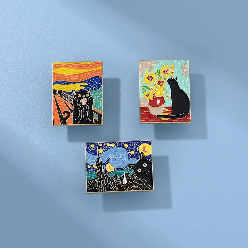 Pintura al óleo de cielo estrellado Van Gogh, alfileres de esmalte de girasol, insignia de solapa de Metal para mochila, ropa, broches de gato negro