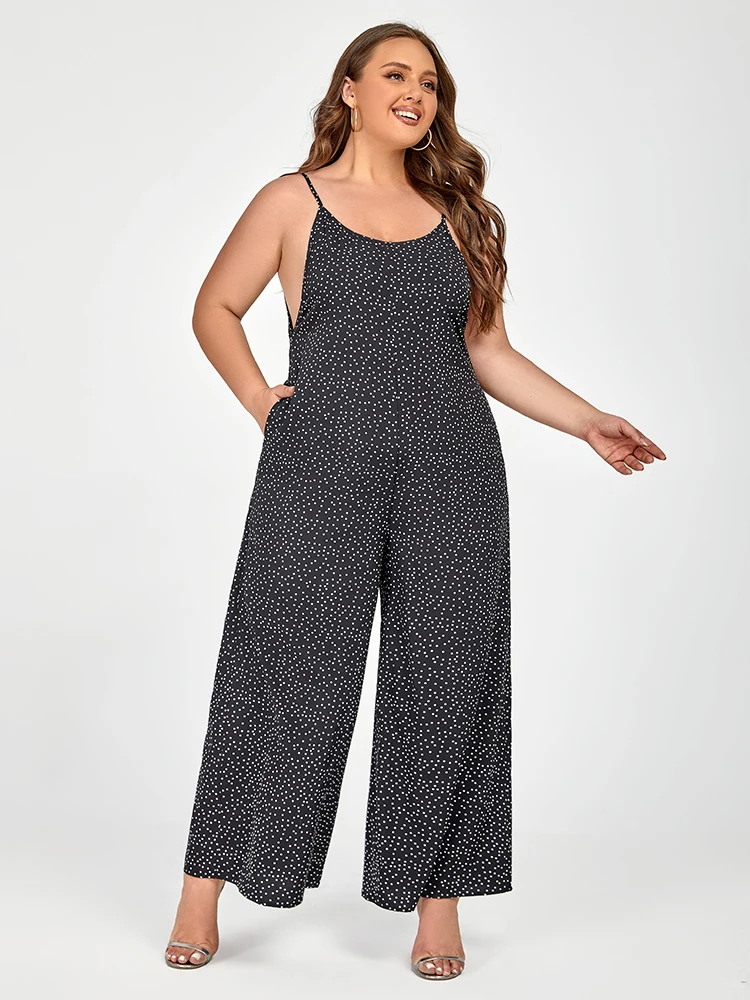 Plus Sized Clothing Women Black Polka Dot Spaghetti Strap Jumpsuit with Pockets Wide Leg Pants Female Clothes Summer Jumpsuit