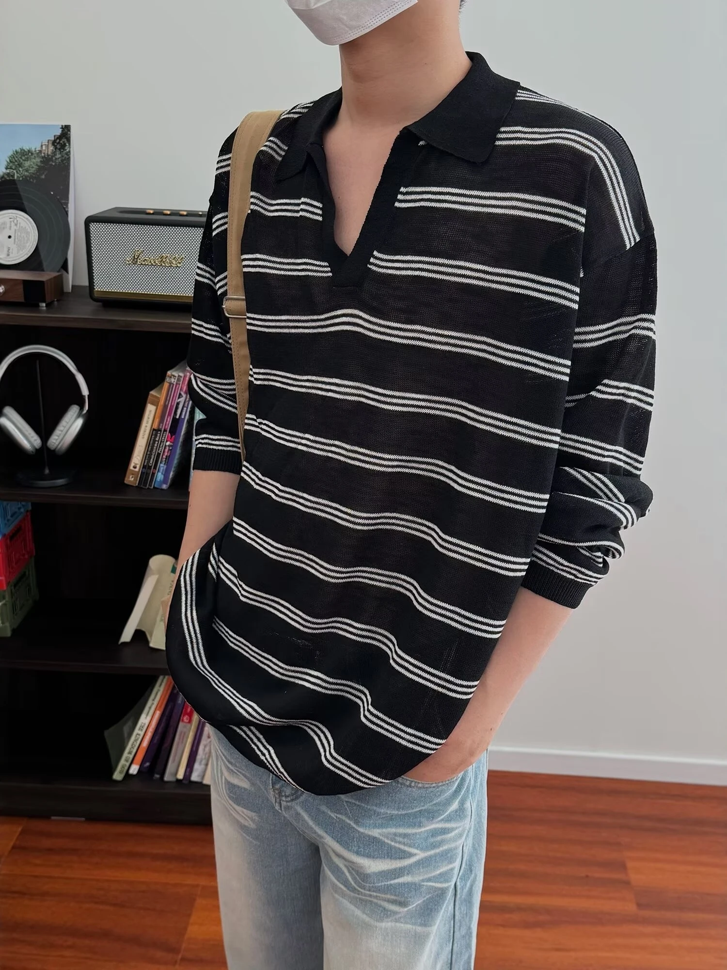 

Американская свободная трикотажная футболка с V-образным вырезом и длинным рукавом в полоску, тонкий трикотажный топ Aosphere Boyfriend, модный брендовый трикотаж