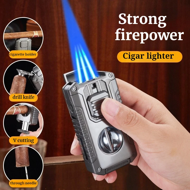 

Metal Creative Three Fire Direct Charge Cigar Lighter,Multi Functional Five in One, Comes with Cigar Scissors,Men's Gift Lighter