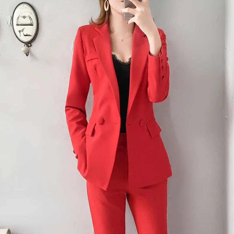 Ensemble de Deux Pièces Rouge à la Mode pour Femme, Tenue Formelle, Blazer Imbibé, Pantalon de Bureau, Style Coréen, 2024