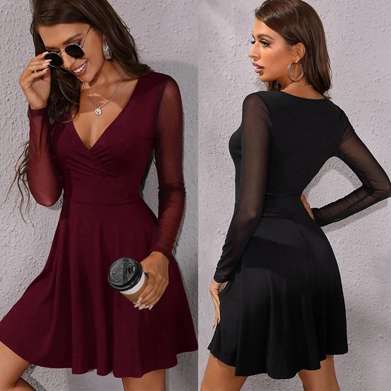 

2024 Summer A Sexy Slim Mesh Long Sleeve Dress Elegant Women V-Neck Rose Red Knee-Length Lady Vestidos