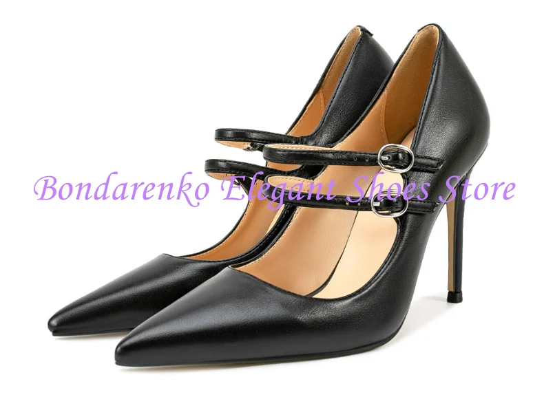 

Black Leather Buckle Strap Thin Heel Woman Pumps Shoes Fashion Pointed Toe Stiletto Heel Lady Dress Shoes Large Size Party Shoes