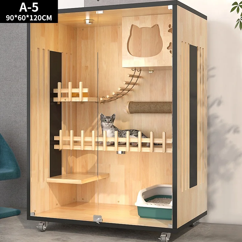 Factory Direct Sustainable Pine Wood Pet House Luxury Cat Sleep Cage Fun Cat Villa Breeding Cage for Cats