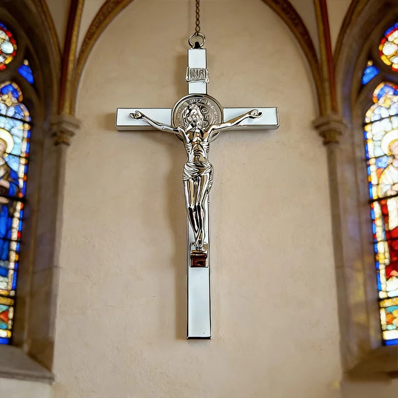 Neu2026 Traditionelles silberfarbenes katholisches St.-Benedikt-Kruzifix mit INRI-Gravur für Kirchenaltar und spirituelle Heimdekoration – Detail 10