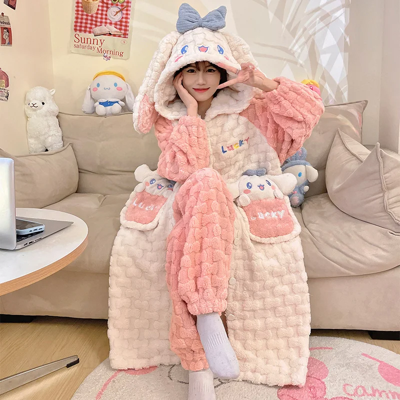 2 قطعة Kuromi المرجان الصوف ثوب النوم الشتاء المرأة منامة مرحبا كيتي الكرتون سينامورول سميكة طويلة رداء دافئ المتسكعون #4