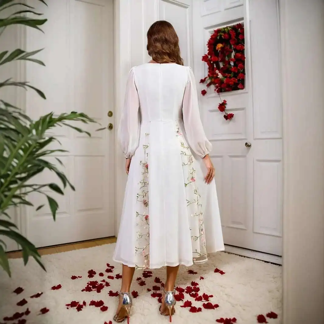 新しい白ふわふわスカート多用途 V ネックランタンスリーブミッドレングススカート宴会結婚式花嫁ギフトパーティーイスラムエレガント