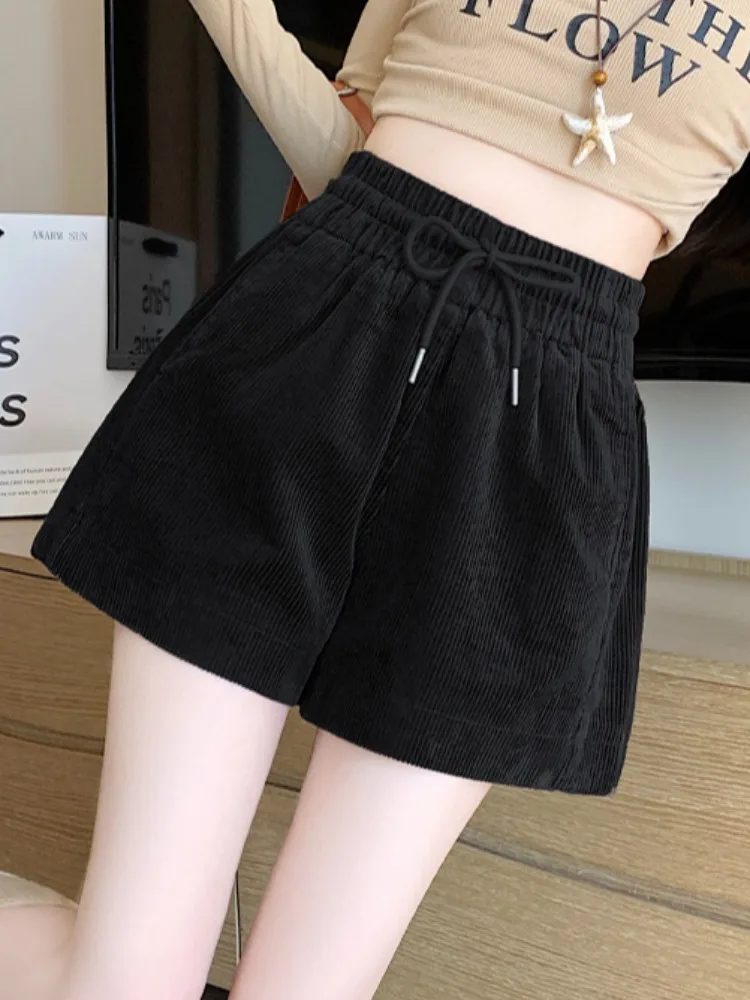 솔리드 컬러 엘라스틱 허리밴드 코듀로이 반바지 여성 가을 2025 신상 하이웨이스트 드로스트링 캐주얼 다용도 와이드 레그 반바지