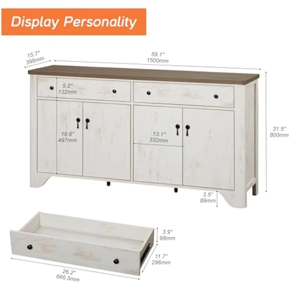 ตู้บุฟเฟ่ต์สไตล์บ้านไร่ขนาดใหญ่พร้อมที่เก็บของ 59 ช่อง 2 ลิ้นชัก และ 4 ประตูพร้อมชั้นวางปรับระดับได้